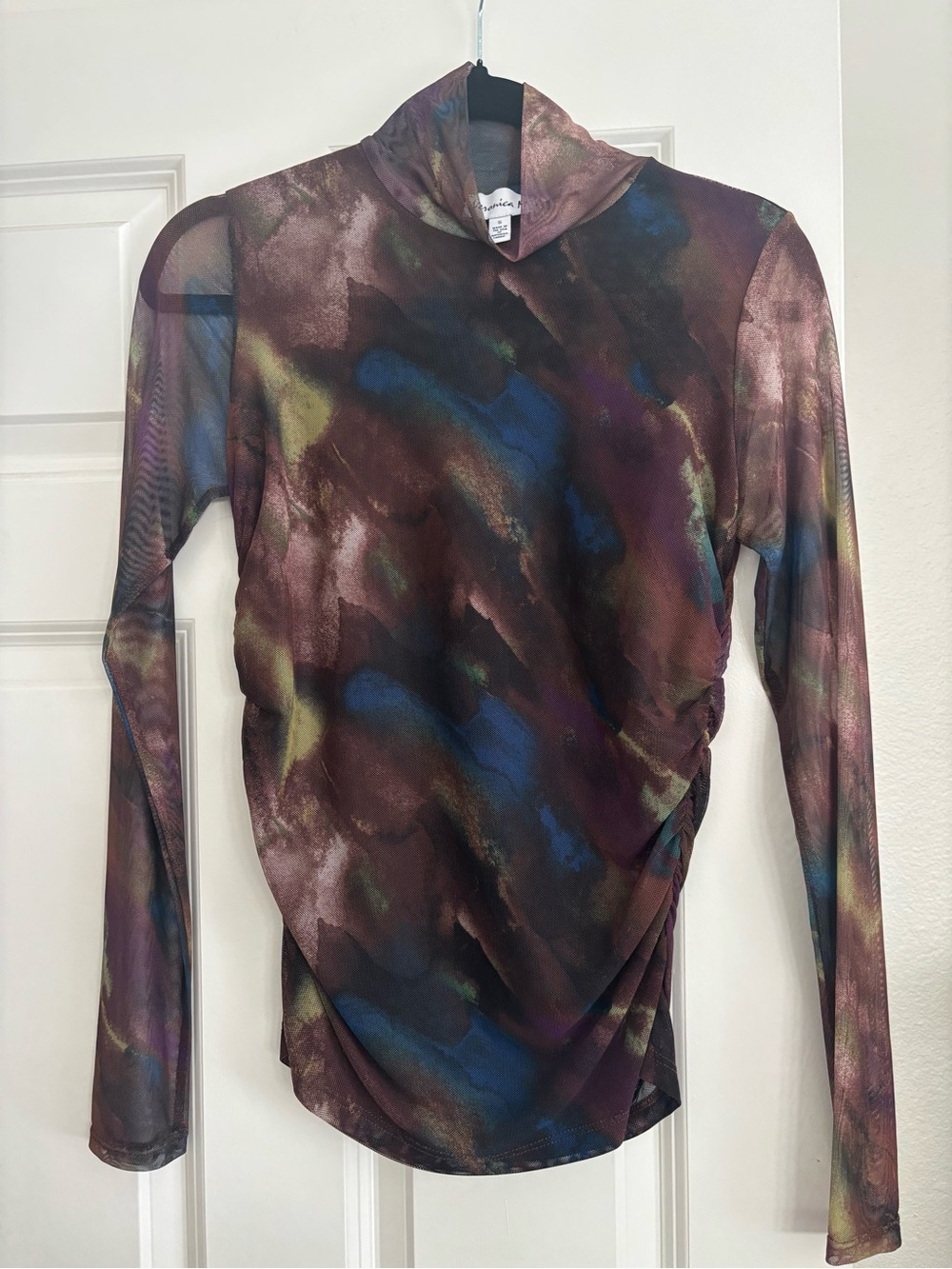 Veronica M Sheer Mock Neck Long Sleeve Top in Brown, Blue, Purple